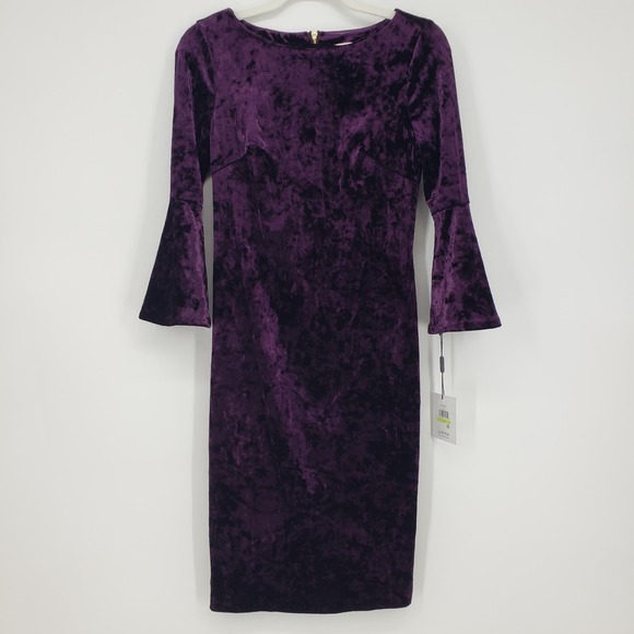 Calvin Klein Dresses & Skirts - Calvin Klein Crushed Velvet Dress 4 Bell Sleeve Sheath Knee Length Purple NWT